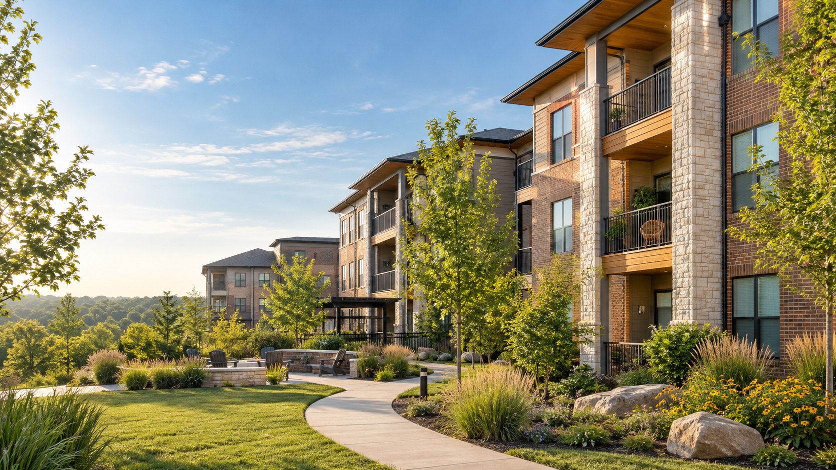 Illustrative modern apartment community in a landscaped Northwest Arkansas setting
